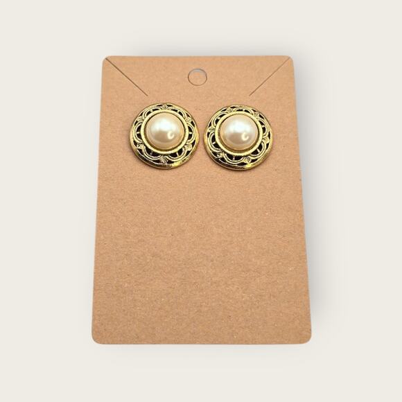 Pearl Button Gold Filigree Stud Earrings – Victorian Revival 1928 Style - Picture 5 of 7